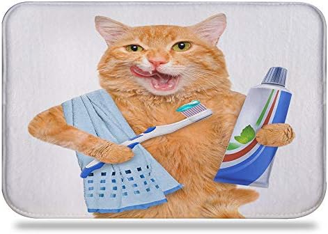 Memory Foam Cute Bath Mat Absorbent Cozy Non Slip Bathroom Rug Flannel Bath Rugs for Kids Bathroom Machine Washable Small Shower Rug Floor Laundry Carpet 24" x 16" Colorful Star Cat Brushing Teeth