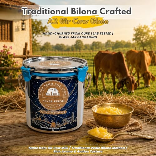 Image of Alvar Fresh A2 Gir Cow Desi Ghee (2LTR) with Stainless Steel Dolchi, Traditional Hand-Churned Pure Cow Ghee,Traditional Bilona Method | Cultured Pure Natural and Healthy Ghee