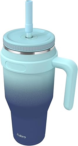 Zukro Vaso de 40 onzas con asa y tapa con popote, botella de agua de acero inoxidable aislada al vacío, taza de viaje con tapa de rosca, cabe en el
