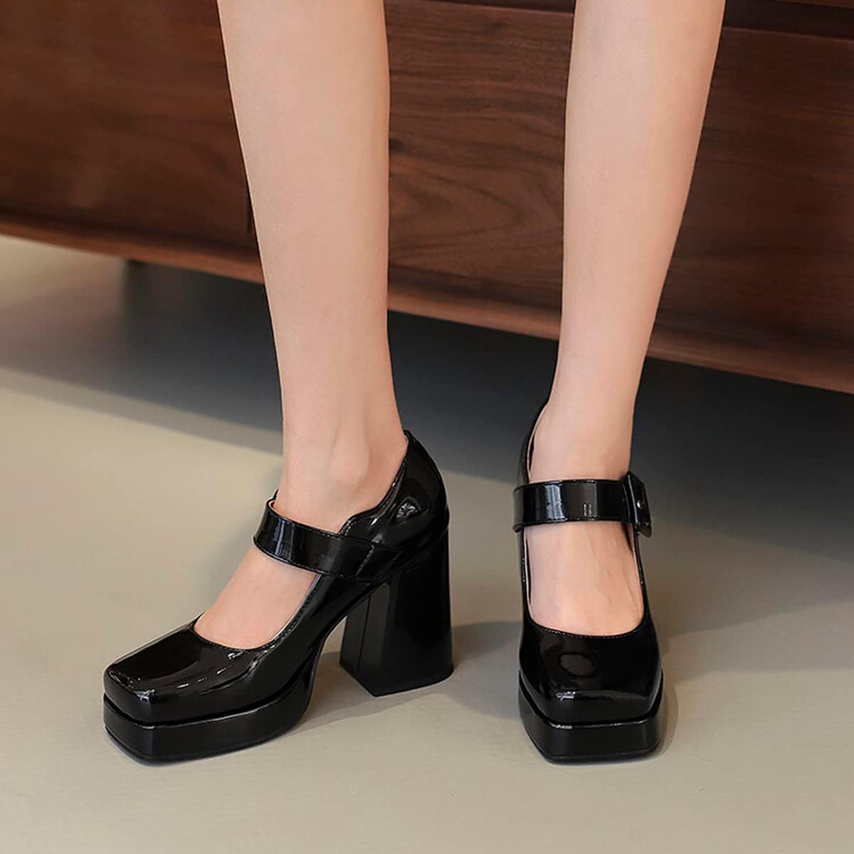 Alyaafifa Chunky High Heel Pumps for Women Ankle Strap Platform High Heel Mary Janes Square Toe Leather Suede Dress Shoes Party Event Office Prom Wedding