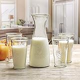 Circleware Beverage Carafe Water Pitcher with Handle and Drinking Glasses, Kitchen Glassware for Milk, Juice, Beer, Wine, Farmhouse Decor, 5 Piece Set of 1-40 oz, 4-16 oz, Ranch Rooster Set of 5