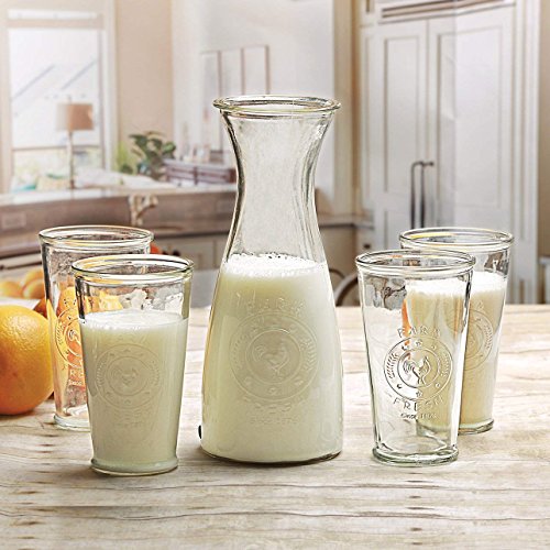 Circleware Beverage Carafe Water Pitcher with Handle and Drinking Glasses, Kitchen Glassware for Milk, Juice, Beer, Wine, Farmhouse Decor, 5 Piece Set of 1-40 oz, 4-16 oz, Ranch Rooster Set of 5