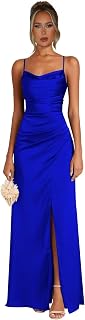 Fashionbride Satin Bridesmaid Dresses for Women Mermaid Prom Dress Spaghetti Strap Formal Evening Dress with Slit AP34