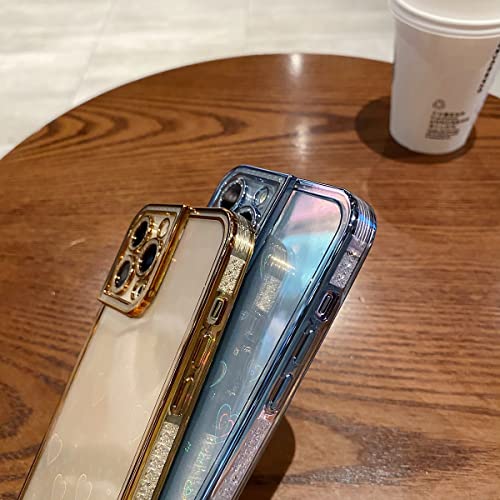 Leleyun For Iphone 13 Pro Max Case Luxury Glitter Bling Plating Bumper & Camera Lens Cover Clear Back With Cute Heart Laser Slim Silicone Shockproof Protective Phone Case For Girls And Women - Gold #TOP3