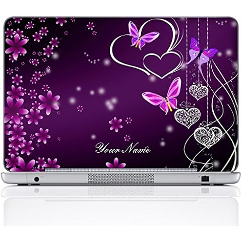 Meffort Inc Personalized Laptop Notebook Notebook Skin Sticker Cover Art Decal, Customize Your Name (14 Inch, Purple Hearts Butterflies) Cover