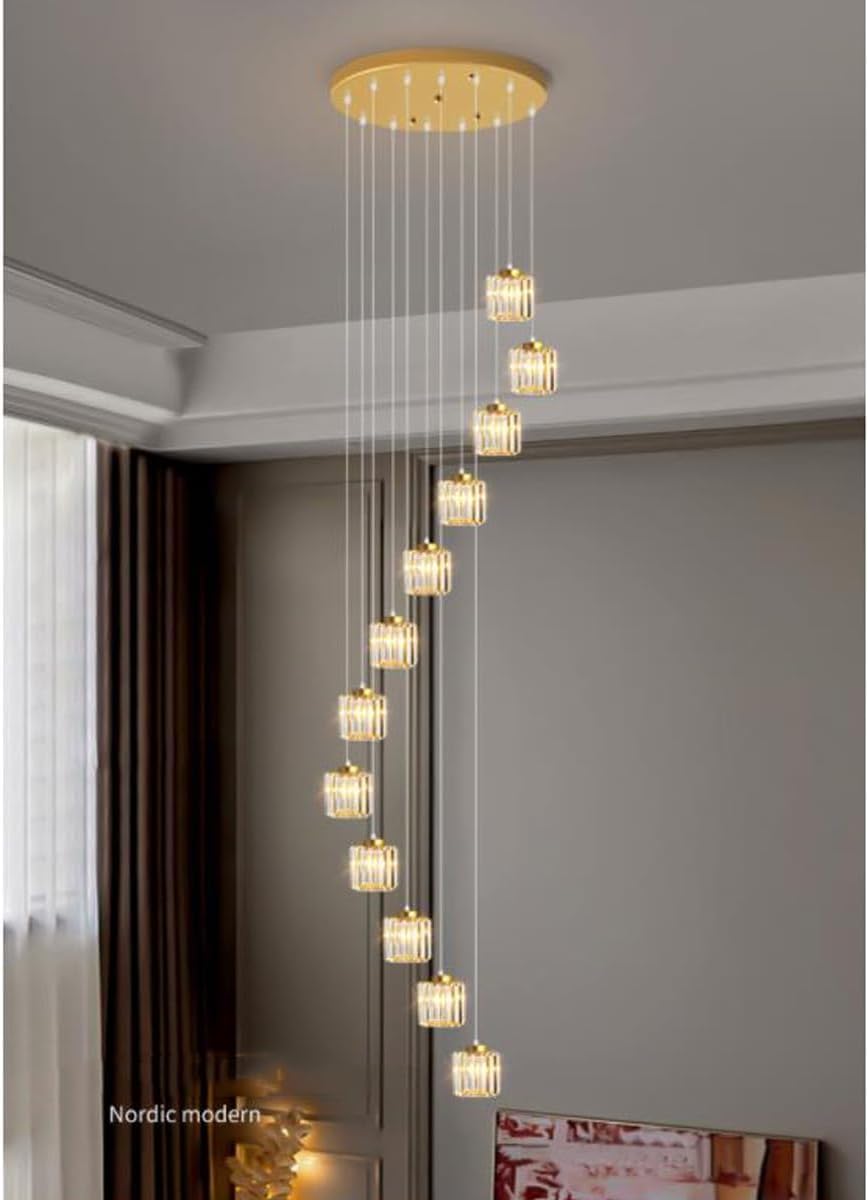 LYMSXAZOU Stair chandelier Villa Living Room Light Luxury Lighting Fixtures Creative Duplex Staircase, Modern Simple And Atmospheric LED Black Crystal Long Chandelier(Size:1 head,Color:Gold