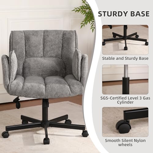 Image of Criss Cross Chair with Wheels & Outward-Folding Arms, Cross Legged Office Chair, Built-in Dynamic Airbag Lumbar Support, Wide Seat Desk Chairs for Home Office, Apartment, Vanity, Gray