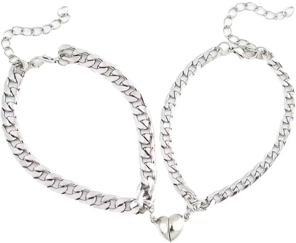 Par de Pulseiras Casal Amizade Coração Imã Magnético Em Aço Inoxidável