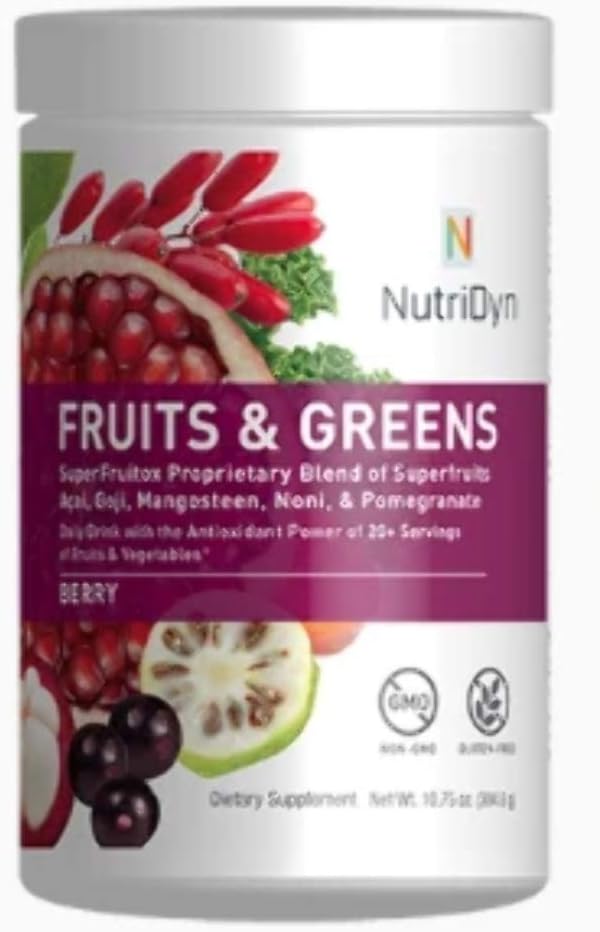 Nutri-Dyn Fruits & Greens Berry Flavor *Certified Organic* w/Acai, Gogi, Mangosteen, Noni & Pomegranate Super Fruits 304.8 Grams (Berry)