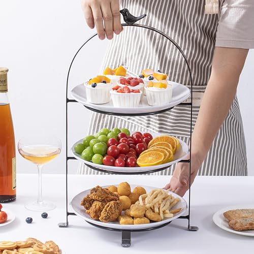 BestVida SparkWorks 3 Tiered Cake Stand, Tea Party Serving Platter, Dessert and Cupcake Stand, Metal Tiered Serving Stand Includes Three Premium White Stoneware Plates - Image 3