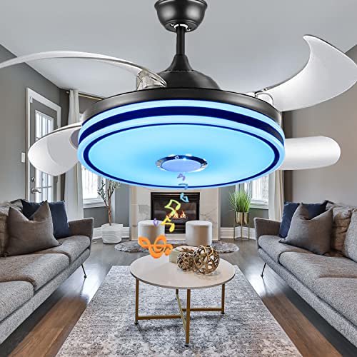 Fandian 42” Smart Bluetooth Ceiling Fan With Lights Remote Control Retractable Chandelier, Modern Black Fandelier Lighting Fixtures With Dimmable 7 Rgb Lights, Music Speaker For Bedroom, Living Room #TOP19