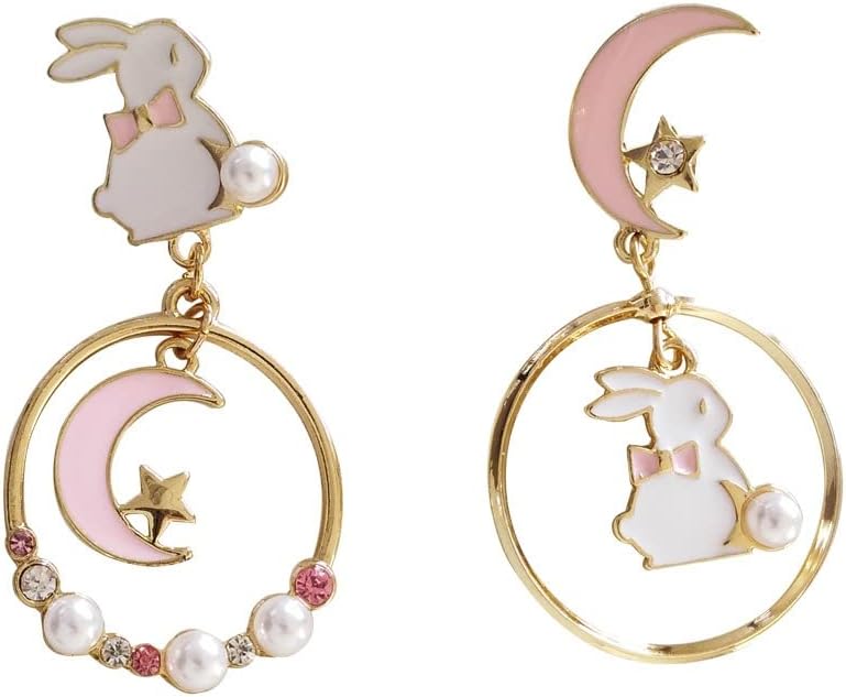 Generic Kawaii Bunny Dangle Earrings, Blue, White, Pink, Pearl, Zinc, Adult, Female, Halloween, Anniversary, Birthday, Christmas, French Wire, Post, 25mm, Round, Earring