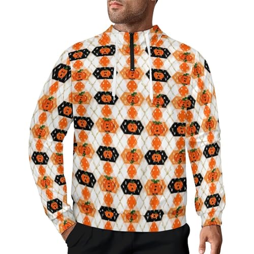 Halloween Argyle Plaid Pumpkin Men's Quarter Zip Drawstring Hoodies Long Sleeve Sweatshirt Casual Pullover