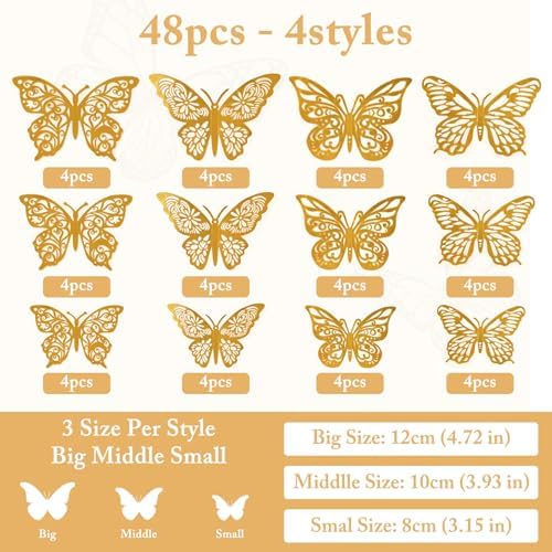 Witwatia 3D Butterfly Wall Decor, 48Pcs 4 Styles 3 Sizes, Removable Butterfly Wall Stickers, Gold Butterfly Decorations for Birthday Party, Baby Shower, Wedding, Cake, Flower Bouquet, Girls Bedroom - 1