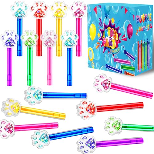 24PCS Glitter Paw Print Bubble Wands for Kids Paw Blue Puppy Dog Party Favors Supplies Decorations Pinata Filler Goodie Bags Suffer Classroom Prizes Birthday Gifts