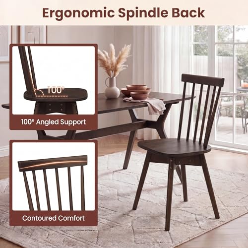 Image of COSTWAY Swivel Windsor Dining Chairs Set of 2, Farmhouse Solid Rubber Wood Kitchen Side Chair w /Curved Spindle Back, Armless Accent Chairs for Home, Dining Room, Living Room, Restaurant (Walnut)