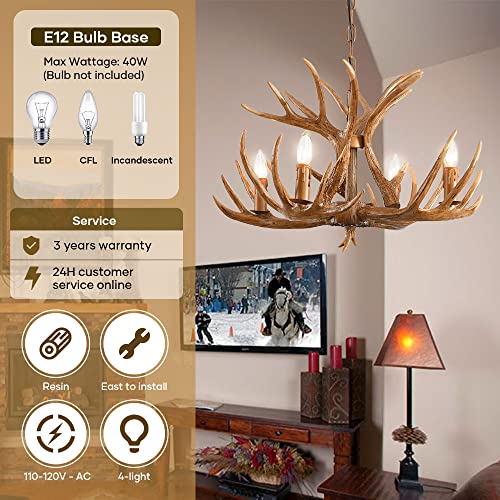 Ojzzg 23Inch Antler Chandeliers, Farmhouse Deer Antler Chandelier 4 Lights American Country Style Retro Deer Horn Ceiling Light For Living Room Dinning Room Bedroom Cabin Foyer (4 Lights) #TOP1