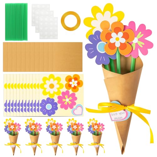 Xiqunw 12 Stück Muttertag Blumen Bastelset Kinder DIY Papierblumen & Grußkarte Kreativ Bastel Set als Selbstgemachtes Muttertagsgeschenk