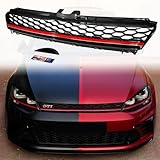JKYH TECHPLUS Front Grille Honeycomb w/RED TRIM Carbon Fiber Print For 2015-2016 VW MK7 Golf GTI, ABS Plastic Front Bumper Grill Hood Mesh