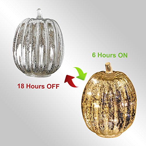 Image of Mercury Glass Pumpkin Light with Timer for Halloween Pumpkin Decorations Fall and Thanksgiving Decor, Sliver,7.5 inches