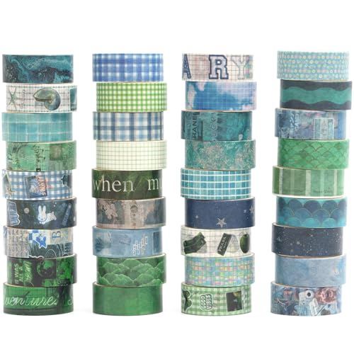 Songdao 36 rolek naturalnej taśmy washi, zestaw dekoracyjnych taśm maskujących, kolorowa, do rzemiosła, pamiętnika, planera, scrapbookingu, opakowania (zielono-niebieska)