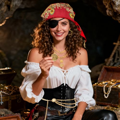 GYIOFAI 6 piezas de accesorios de disfraz de pirata para mujer, bandana pirata, aretes, corsé, cadena de cintura, parche para el ojo, para carnaval, Halloween, fiesta de cosplay (rojo) - imagen 5