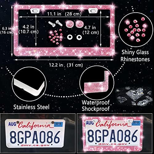 NBTEPEM 27-Piece Bling Car Accessories Set - Universal Fit Steering Wheel Covers, License Plate Frames, Phone Holder, Car Fast Charger, Coasters (Pink)