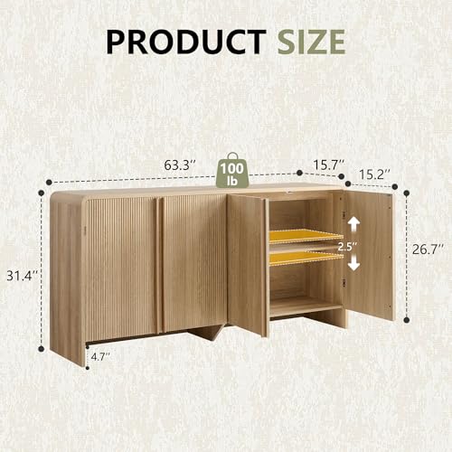 Image of AMERLIFE 63 inch Fluted Sideboard Buffet Cabinet with Storage, Modern Credenza Console with 4 Doors & Adjustable Shelves, Wood Coffee Bar for Kitchen, Living Room, Hallway, Natural Oak