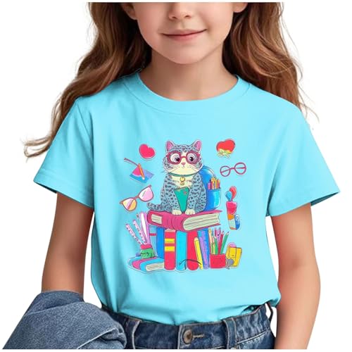 Girls Short Sleeve Tees Shirts Cute Cat Book Graphic T-Shirts Summer Cotton Tshirts Funny Tops