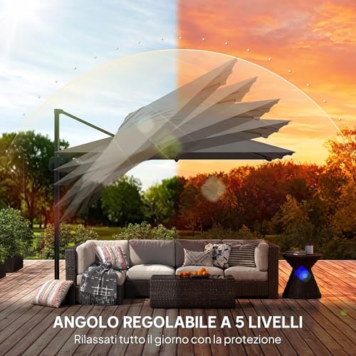 Outsunny Ombrellone Da Giardino Decentrato A Manovella 3X3M Inclinabile, Girevole A 360°, Ombrellone Da Esterno Quadrato Con Base A Croce, In Alluminio, Per Terrazzo Piscina, UV30+, Grigio Scuro - 5