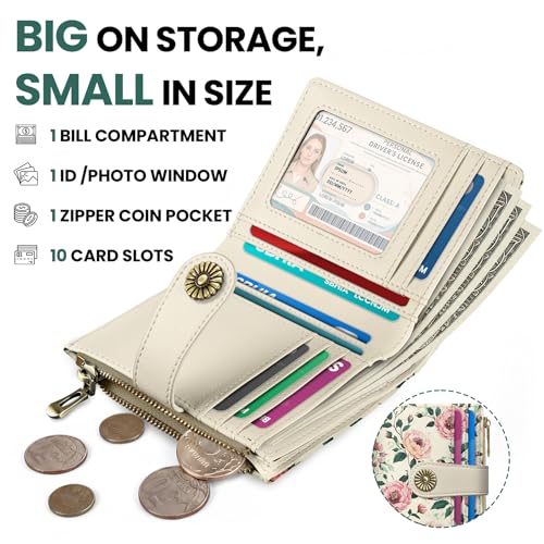 Image of Small Wallet for Women, RFID Blocking Bifold Card Holder Wallet with 10 Card Slots, Cash Compartment, Zipper Coin Pocket & ID Window, Cute Soft Vegan Leather Compact Wallet, Blush Peony