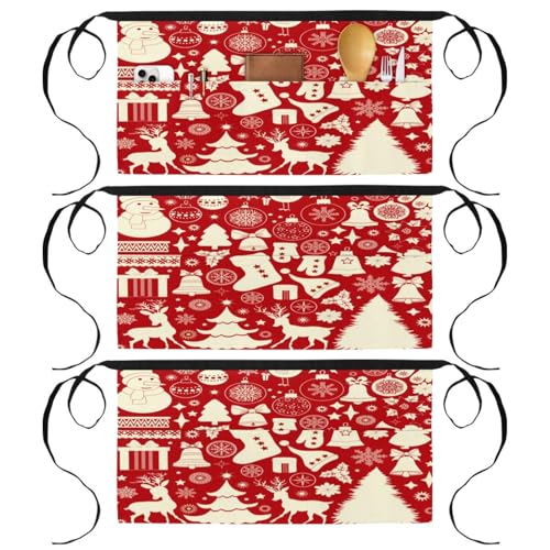 Tablier court de chef à 3 poches demi-tablier de cuisine et pâtisserie rouge multicolore