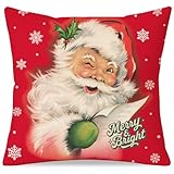 HERHOME Christmas Throw Pillow Cover 18x18 Inch, Vintage Santa Claus Snowflake Merry & Bright Red Decorative Cushion Case, Outdoor Xmas Winter Holiday Decoration for Sofa Couch Home Porch Decor