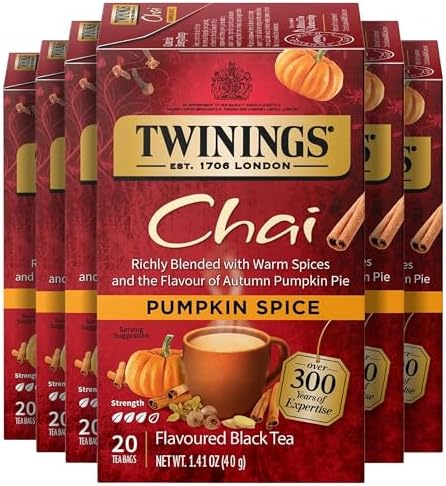 Twinings Pumpkin Spice Chai Black Tea Individually Wrapped Bags, 20 Count (Pack of 6), Warm, Spicy & Aromatic, Caffeinated, Enjoy Hot or Iced, 120 Teabags