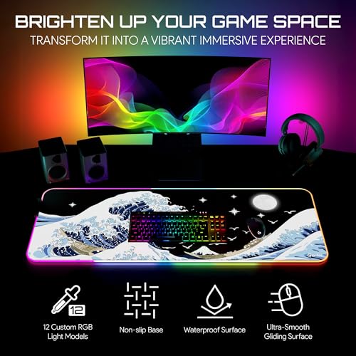 Image of Gerlos RGB Gaming Mouse Pad, Large LED Desk Mat, 31.5 x 11.8 Inch | 12 light modes, non-slip base, water-resistant surface, stitched edges