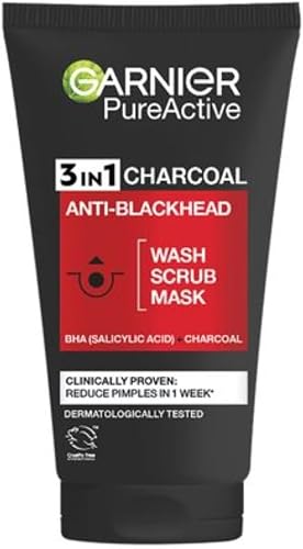 Garnier Pure Active 3-in-1 Charcoal Face Wash, Anti Blackhead, Suitable for all skin types, 150ml