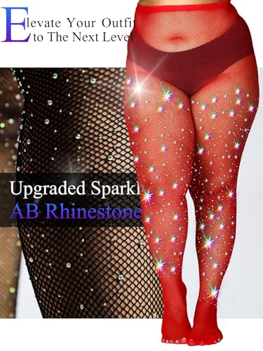 Image of HONENNA Queen Plus Size 10X Strong Rhinestone Fishnet Stockings, Ultra Sparkly High Waist Tights for Women, Party Concert