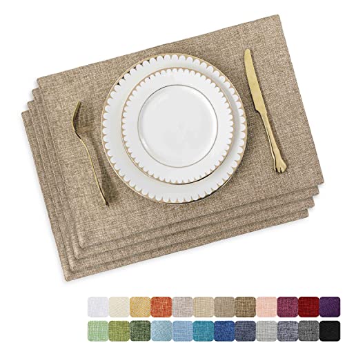 Home Brilliant Set of 4 Farmhouse Placemats Heat Resistant Dining Table Place Mats Kitchen Table Mats, Natural Linen