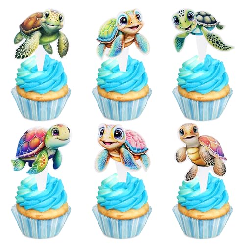 Blumomon 30 decorazioni per cupcake a tema marino, tartaruga marina, decorazioni per cupcake di compleanno sotto il mare, forniture per feste, decorazioni per torte a tema oceano (su entrambi i lati)