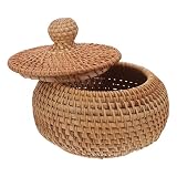 Ciieeo Cestino Intrecciato a Mano in Vimini con Coperchio, Design Rotondo Naturale, Salvaspazio e Ventilazione per Casa e Bagno, Misura 15x10cm