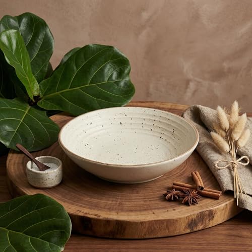 Image of miah decor Stoneware Serving Bowl (950 ml) | 22.8 cm Ceramic Pasta Bowl | Microwave Safe | Handmade Matte Finish Shallow Bowl for Salad, Noodles, Maggi & Soup