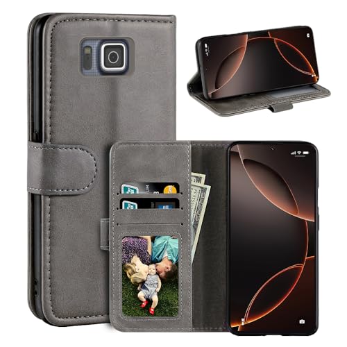UOGNADGD Leather Flip Cover Compatible with Samsung Galaxy Alpha G850F Wallet Case with Card Slots, Magnetic Closure, Stand Function, RFID Shockproof Folio (Gray)