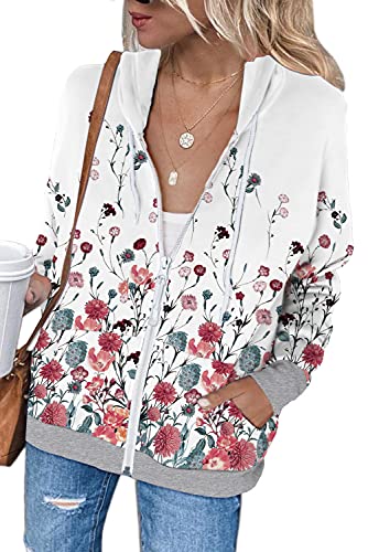 Fangcloudy Women's Hoodies Graphic Sweatshirt Coat Flower Printed Hooded Long Sleeve Pullover For Teen Girls With Pocket, 3Xl White Print #TOP3
