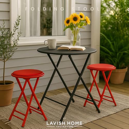 Image of Lavish Home Folding Stool - Set of 2 Counter Height Bar Stools - 24-Inch Backless Folding Chairs with 225lb Capacity for Kitchen, Rec Room, or Game Room (Red)