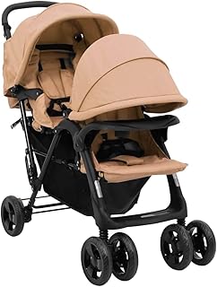 vidaXL Carrito para Gemelos Cochecito Sillita Gemelar Silla de Paseo Canasta Niños Reposapiés Ajustable Dosel Plegable Tándem Gris Taupe Acero