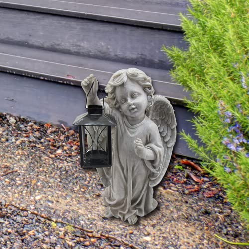 Comfy Hour 15" Polyresin Statue Praying Cherub Angel Holding A Lantern Decoration For Christmas, Communion And Nativity, Gray, Faith And Hope Collection #TOP4