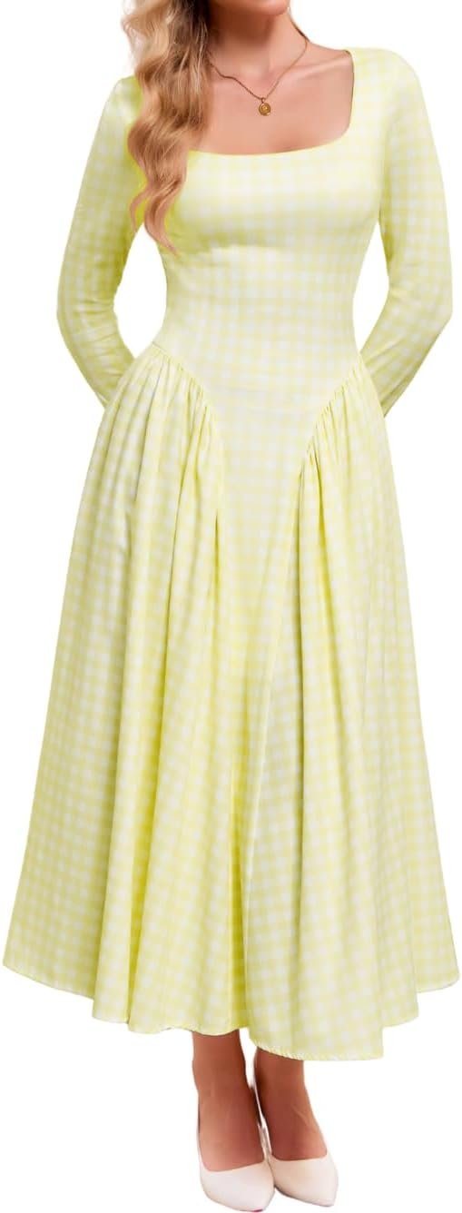 Plaid maxi dress square neck for women wedding guest