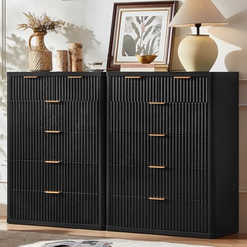 Image of LEYAOYAO Fluted 6 Drawers Dresser for Bedroom Set of 2, 42 inch Tall Modern Chest of Drawers with Metal Handle, Curved Profile Design,Black Wood Drawer Organizer for Bedroom, Living Room, Hallway