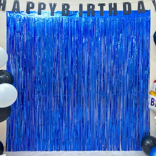 Image of 4 Pack Dark Blue Foil Fringe Curtain, 13.2x6.6ft Glitter Tinsel Streamers Backdrop, Photo Backdrop for Birthday, Baby Shower, Summer Party, Graduation | Blue Streamers Party Decorations