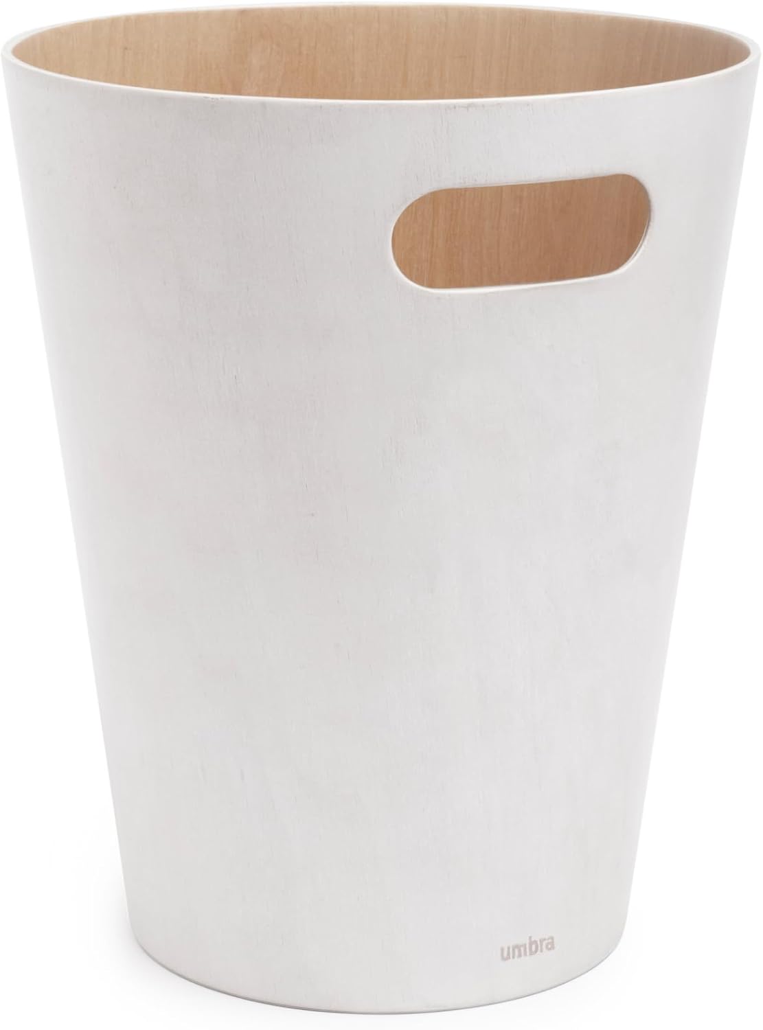 White and Natural Wood Bathroom Trash Can with Handles